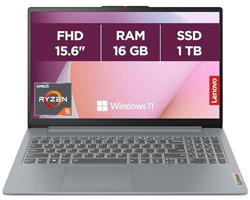 Lenovo IdeaPad Slim 3 15ABR8 - Ordinateur Portable 15.6'' FHD (AMD Ryzen 5 5625U, RAM 16Go, SSD 1To, AMD Radeon Graphics, Windows 11 Home) Clavier AZERTY Français - Gris