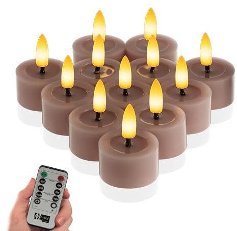 Meisterhome® LED-Teelichter 12er-Set Violett – flammenlose LED-Kerzen mit flackerndem Licht – Ø 4,5 cm, Höhe 2,5 cm – Echtwachs – mit Timer & Fernbedienung – batteriebetrieben – warmweißes Licht