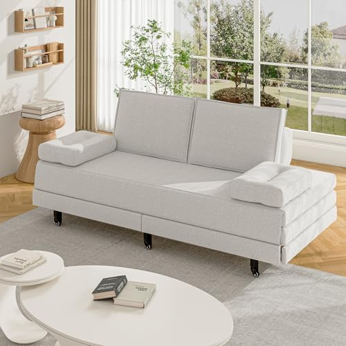 MISNODE Schlafsofa Ausziehbar 2 in 1, Schlafcouch 90/180x200 cm, Klappsofa mit Schlaffunktion, Schlafsofa Umwandelbar, 200cm Breit, 2 Sitzer Sofa Bett für Wohnung Wohnzimmer, Leinen (Weiß-SF01)