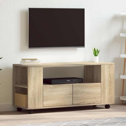 HETFTJN TV-Schrank Sonoma-Eiche 102x34,5x43 cm aus robustem Holzwerkstoff mit 360° Rollen Modernes Lowboard Fernsehtisch Sideboard für Wohnzimmer Büro Flur