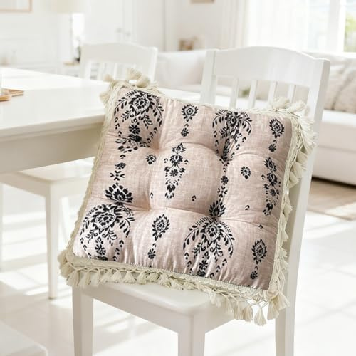 MIUUIPI Bohemian Sitzkissen mit Quasten, 43 x 43×8 cm Stuhlkissen, Kissen für Gartenstühle, Dekoratives Sitzpolster für Innen & Außen, Stuhlauflage für Esszimmer, Wohnzimmer, Studierzimmer (Natur)