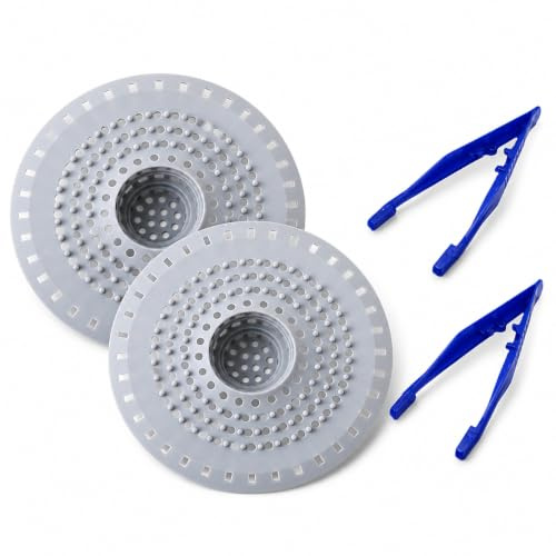 2 filtri di scarico in silicone (grigio) + 2 pinze per la pulizia (blu) | Set acchiappasole con strumento contro l'intasamento | per doccia, lavandino, vasca da bagno | ventosa antiscivolo