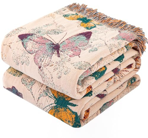 Dormilin Boho Tagesdecke mit Fransen, 100% Baumwolle Doppelseitige Musselin Decke 200x230cm, Weiche Kuschelige Sofadecke & Bettüberwurf, Atmungsaktiv für Wohnzimmer Schlafzimmer Ganzjährige Nutzung