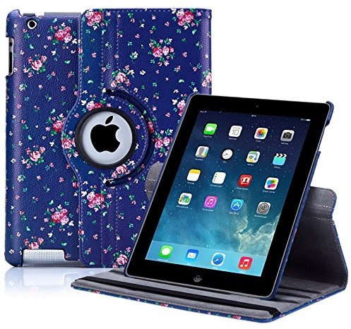 32nd Apple iPad 2 3 4 Funda Diseño Floral Carcasa Flip de Piel PU con Bisagra Flexible Gira 360 Grados, Funda Estilo de Flores Diseñador - Rosas Vintage en Añil