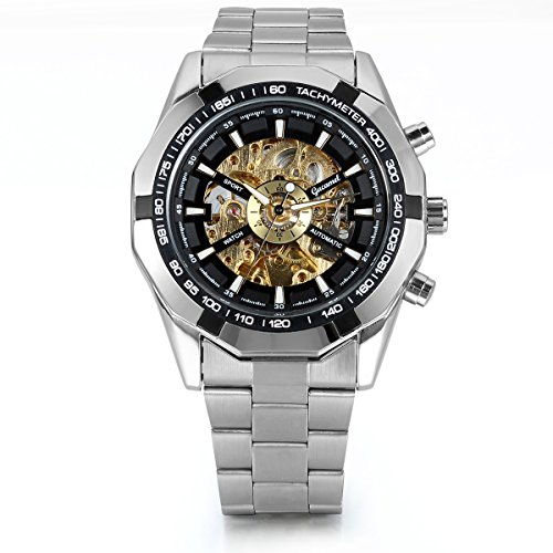 JewelryWe Herren Armbanduhr, Analog Quarz, Fashion Business Casual Handaufzug mechanische Uhr mit Edelstahl Armband, Schwarz Bezel Skelett Zifferblatt