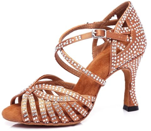 MINITOO Women's Ballroom Dance Shoes Glitter Rhinestones Salsa Latin Dancing Heels L380 Brown UK 2.5