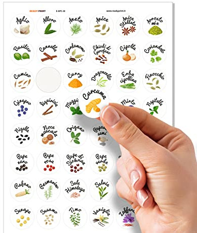 Readyprint 48 Étiquettes pour herbes et épices avec illustrations en couleur - Italien - (PVC brillant, plastique imperméable à l'eau, lavable) - taille 3 cm