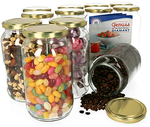 MamboCat 12er Set Einmachglas 1062 ml I Rundgläser Einkochgläser mit Schraubdeckel I Twist Off to 82 I Aufbewahrungsgläser mit Deckel in Gold I inkl. Rezeptheft