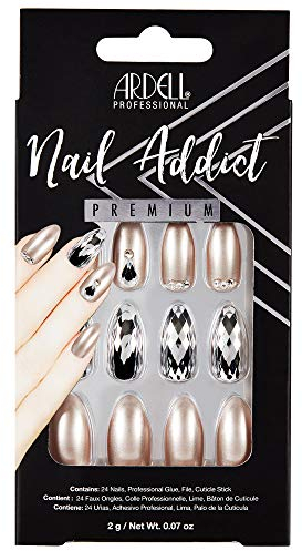 ARDELL Nail Addict – Champagne Ice | 24 künstliche Nägel mit Silber und Glitzersteinen, mit Kleber & Feile für schöne Fingernägel zum Aufkleben | Press On Nails - Klebenagel Set mit langen Tips