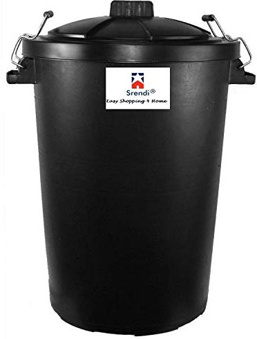 Srendi® Large 85L Litre Black Metal Handles Plastic Bin Rubbish Waste Dustbin Animal Feed Storage Unit Garden Indoor Outdoor Bin