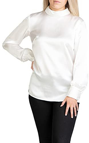 Posh Gear Damen Seidenbluse Satinoseta Bluse aus 100% Seide, weiß, Größe M