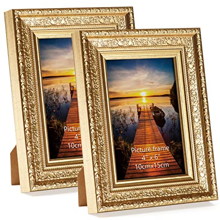 HORLIMER Bilderrahmen 10x15 cm 2er Set, Vintage Fotorahmen mit Echtglas zum Aufstellen oder Aufhängen für Wohnzimmer, Schlafzimmer, Büro und Wohnzimmer