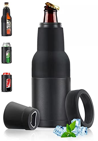 Stepstall Beer Gifts for Men, Beer Bottle and Can Cooler with Beer Opener, 12 oz. Slim Can Beer Bottle Insulators Holder, Vacuum Insulated Double Walled Stainless Steel(Matte Black)