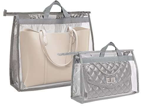 2pcs Handbag Storage Dust Cover, Handbag Hanging Organizer, Hanging Purse Organizer Clear Tote Bag Transparent Bag Oxford Cloth Closet Organizer for Family Bedroom, Foldable and Universal Fit, Grey