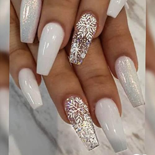 Bufenia 24pcs Coffin Long Christmas Snowflake False Nails - Glitter White Press on Ballerina Acrylic Stick on for Women and Girls