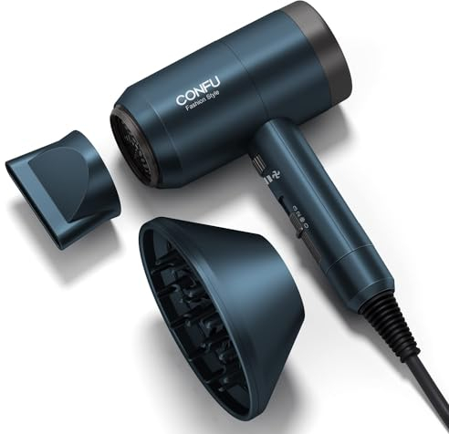 1800W Ionic Hairdryer, CONFU Travel Professional Powerful Blow Dryer with 3 Heat Settings 1 Diffuser and 1 Styling Nozzle, Powerful Salon Hair Dryer for Quick Drying (Dark Blue)