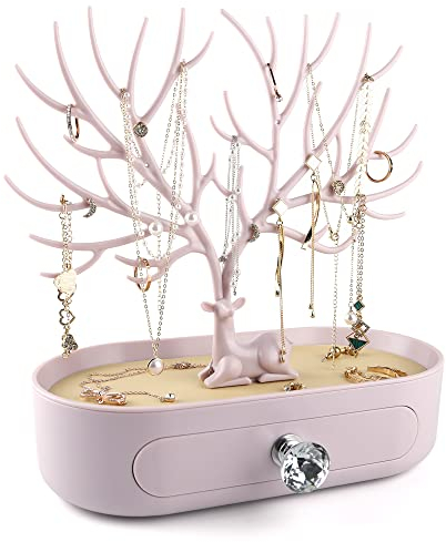MORE&LESS Joyero de cuernos con cajón, mango de cristal y organizador de piel sintética para anillos, aretes, collares y pulseras