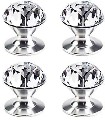 CcHhyyt 4 Pcs Crystal Self Stick Knobs Aluminum Self Adhesive Handle Pull Stick On Handle Removable Crystal Door Knob for Cabinet Mirror Cupboard Window Glass Sliding Door Drawer Clear Crystal (4)