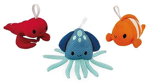 Janod - 3 Bath Toys for Children - Learn to Wash - Educational Bath Toys - Lobster, Clownfish, and Fabric Squid - Ages 10 Months and Up - J04731