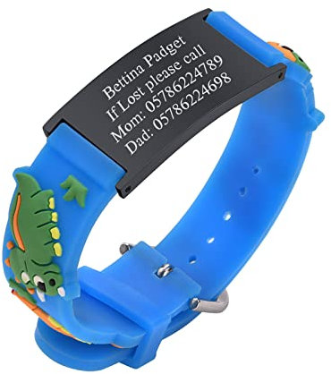 Personalisierte Sicherheitsarmband Kinder - Individuelle Edelstahl Tag & Cartoon Silikonband SOS Armband für Mädchen Jungen Kleinkind Gravur Kinder Anti-Verlust Notfall Armband ID Armbänder, Blau