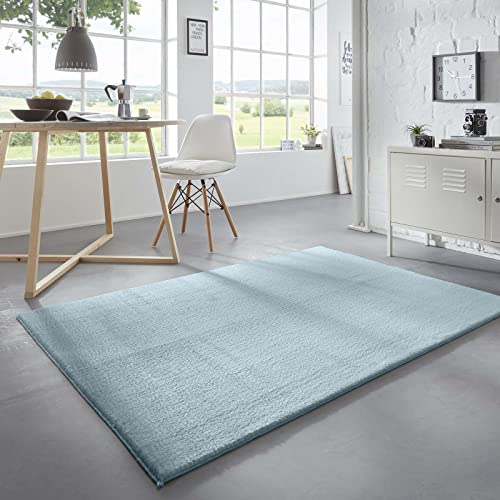 Taracarpet Waschbarer Flauschiger Uni Kurzflor Teppich, Anti-Rutsch, Felloptik, Super Soft Hellblau 060x120 cm