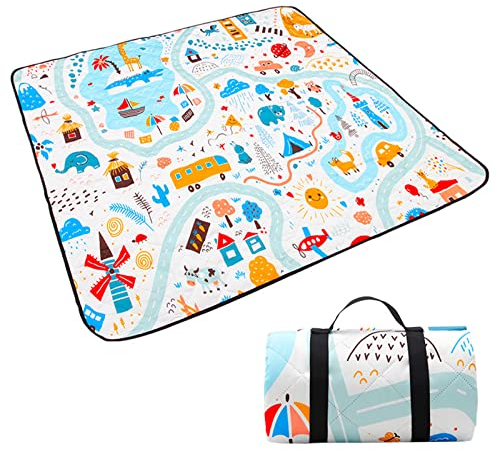 DOTBUY-SHOP Cartone Animato Coperta da Picnic Impermeabile Portatile, Antisabbia Coperta da Campeggio Grande Pieghevole Leggero Bambini Come Tappeto da Gioco Spiaggia Giardino (Zoo,150 * 200cm)