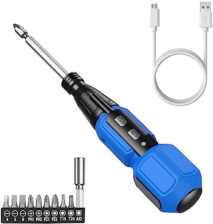 Brifit Cacciavite Elettrico, Trapano Avvitatore Batteria con Luce LED, USB Ricaricabile, Modalità Automatica e Manuale, 9 Punte, Kit Cacciavite Portatile per Mobili, Giocattoli, PC, Blu