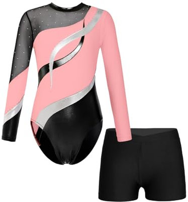 Oyolan Mädchen Kinder Gymnastikanzug Turnanzug Glitzernde Gymnastikbody Langarm Turntrikot mit Kurze Hose Tanzkostüm Rosa 158-164