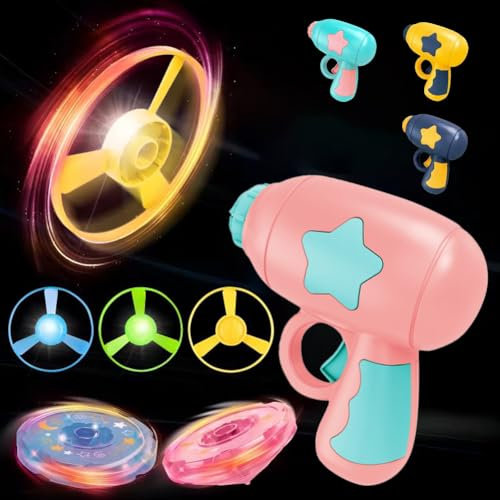 Vilbocr 3IN1Flying Disc Launcher Kids Toy Launcher with 1Flying Saucer Gun 4Cat Fetch Parachute 1Luminous propeller, 1 luminous gyroscope Outdoor Indoor Games Activities (Pink Green)