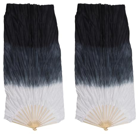 Long Dance Fan, Chinese Hand Made Veils Long Fans Long Silk Fans Veil Silk Fan for Belly Dance Performance Learning (Gray and Black)
