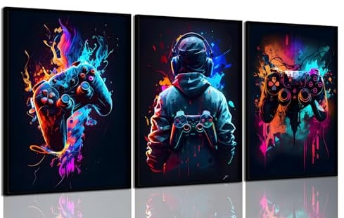 3Pcs Cool Gaming Wall Art Retro Video Game watercolor Posters Pictures Colorful Neon Gamepad Canvas Painting Prints for Boys Room Kids Game Room Accessories Bedroom Home Decoration Unframed (Colorful,