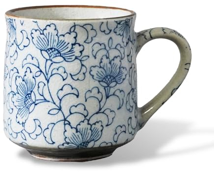 Nostalgic Mino Ware Ceramic Sometsuke Small Mug Cup - Japanese Crafted, Floral Pattern, Comfort Grip Handle, For Coffee and Green Tea or Soup, Matcha Tea, Gift Box Included (Arabesque)