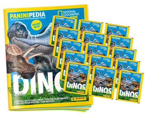 PaniniPedia Dinos Sticker - Dinosaurier Sammelsticker (2023) - Auswahl (1 Album + 15 Tüten)