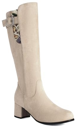 LeaHy Donna lungo stivali Inverno In pelle scamosciata Tacco grosso Tacco basso Zip laterale A metà Polpaccio Stivali,Beige,38 EU