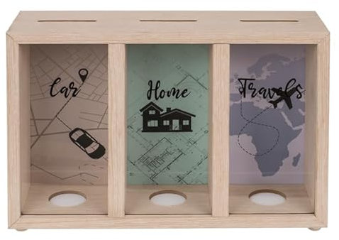 Spardose aus Holz, 3 Fächer, Spardose für Münzen, lustiges Design Car House Travel (24 x 16 x 8 cm)