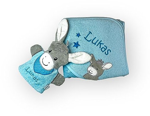 Kapuzenhandtuch mit Spiel-Waschhandschuh von Sterntaler, personalisiert, Geschenk-Set (blau)