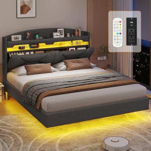BTHFST Schwebendes Queen-Bettgestell mit Ladestation & verstecktem Stauraum-Kopfteil, RGB schwimmendes Plattformbett, kein Boxspringbett erforderlich, Dunkelgrau