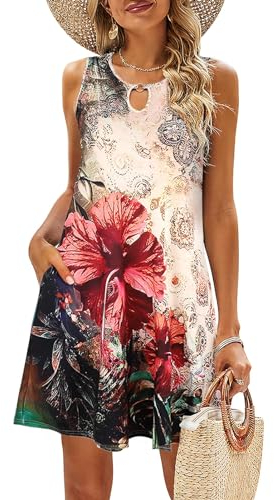 VEUNCOS Boho Kleid Damen Sommer Ärmelloses Strandkleid Blumen Lässige T Shirt Tunika Kleid mit Taschen,Beige Blume XL