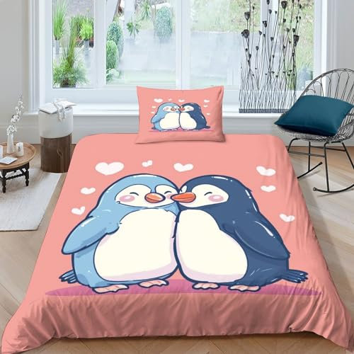 FSYQQASD Pinguin Bettwäsche 3D Gedruckter Niedliche Tiere Bettbezug Mikrofaser Bettwäsche-Sets 2 Teilig,Bettbezüge Mit Reißverschluss Und Kissenbezüge Single(135x200cm)