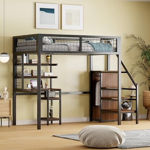 WIZBED Hochbett 90x200cm Metallbett Eisenbett mit Leiter, Kinderbett mit Eisenrahmen und Aufbewahrungsregal, Kleiderschrank, für Kinder, Jugendliche und Erwachsene (Schwarz)