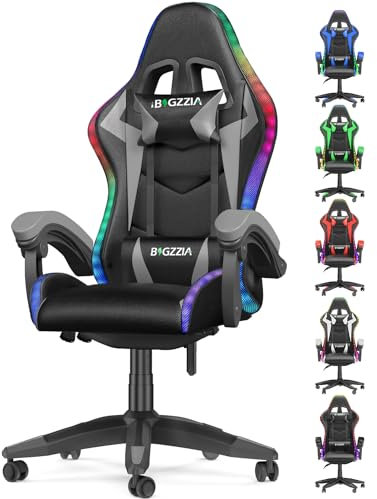 bigzzia Silla Gaming Ergonómica con Luces LED, Altura Regulable, Apoyo Lumbar y Reposacabezas, Respaldo Inclinable hasta 155°, Utilización RGB, Gris