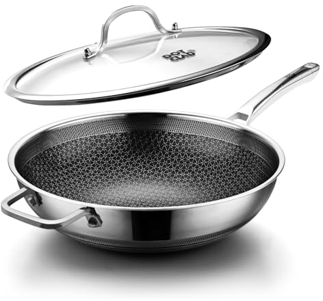 DOTCLAD Wok pan,Hybrid 13 inch Wok with Lid, PFOA Free Cookware,non stick Stainless Steel Woks & Stir-fry pans Nonstick, Dishwasher and Oven Safe, Works on Induction
