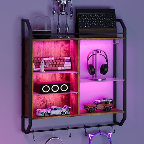 Sttoraboks - 33 Inch LED Floating Shelves for Wall Gaming with Adjustable Acrylic Tube Bookshelf, Modern Storage Shelf with 6 S Hooks for Living Room Wine Coffee