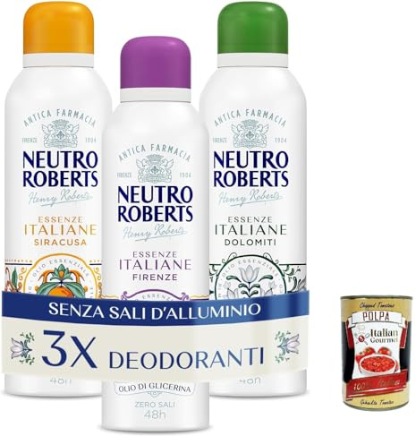 Italian Gourmet Deodorante Spray Essenze Italiane ohne Alu 48h 3 x 200ml | Freschezza delicata, mit Glycerin; Duftnoten Siracusa, Firenze, Dolomiti, Gesamtnettogewicht 600 ml + Kostenlos Polpa 400g