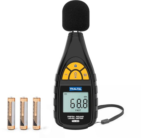 VKALTUL Misuratore Decibel TN201, Sonometro 30-130 dB, Display LCD, Ritenzione dati Max/Min ponderati, Spegnimento automatico, Adatto per ingegneria del rumore/altre misurazioni del rumore ambientale