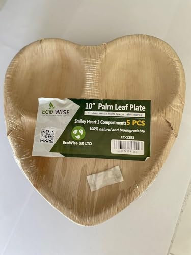 EcoWise Disposable Palm Leaf Plates - Pack of 5 Eco-Friendly Biodegradable Heart Shape Palm Leaf Plates - Natural Sturdy Party Tableware Perfect for Wedding, Picincs, BBQ