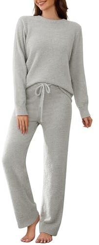 Vancavoo Pigiama Donna Invernale Felpato Pigiami Set Pile Caldo Due Pezzi Sleepwear Manica Lunga Felpa Manica Lunga e Pantalone Lungo,Grigio,XXL