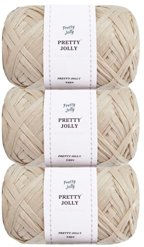 Pretty Jolly 3 Skeins Soft Tape Yarn Ribbon for Knitting & Crocheting - Light Weight Raffia Yarn - Total Length 3x100m/3x50g (Beige)