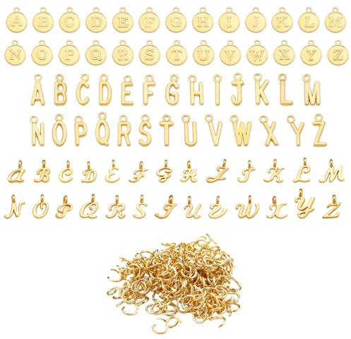 PEUTIER 156pz/6 Set A-Z Ciondoli con Lettere per Creazione di Gioielli, 3 Disegni Ciondoli Iniziali Mini Pendenti con Alfabeto ABC con 200 Anelli di Salto Aperti per Braccialetto Collana