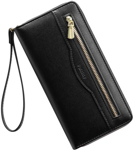 Vulkitty Portefeuille RFID pour femme, grand portefeuille en cuir pour femme, portefeuille long avec dragonne, noir, Grand portefeuille tendance à deux volets avec dragonne